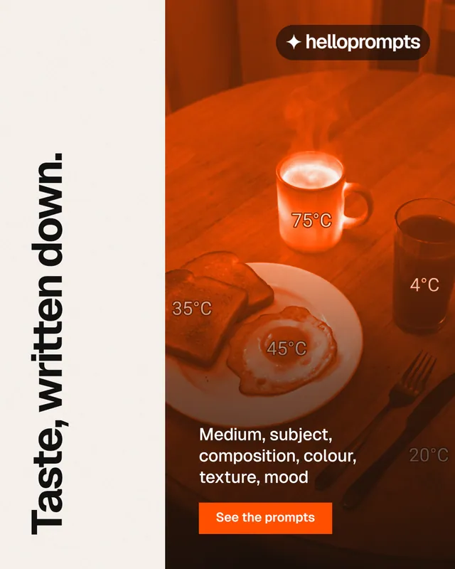 Instagram portrait post for HelloPrompts: "Taste, written down." Swiss style, vertical layout, light palette in orange, white.