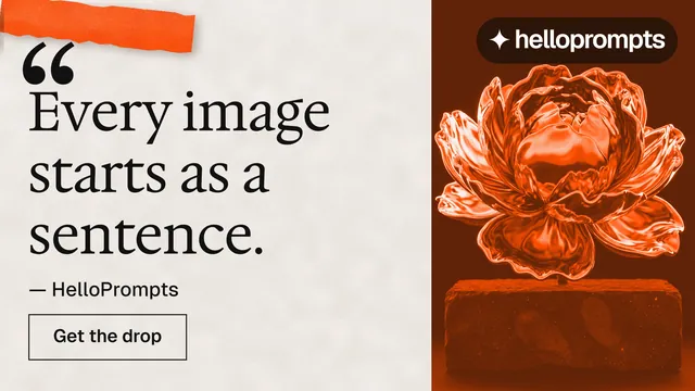 Landscape graphic for HelloPrompts: "Taste, written down." Editorial style, quote layout, light palette in orange.