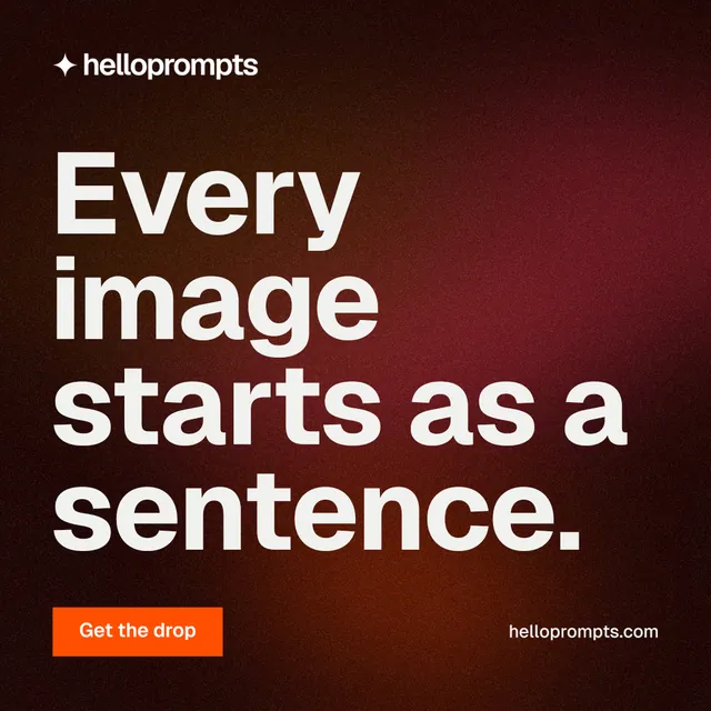 Instagram post for HelloPrompts: "Every image starts as a sentence." Swiss style, poster layout, dark palette in black, red, grey.