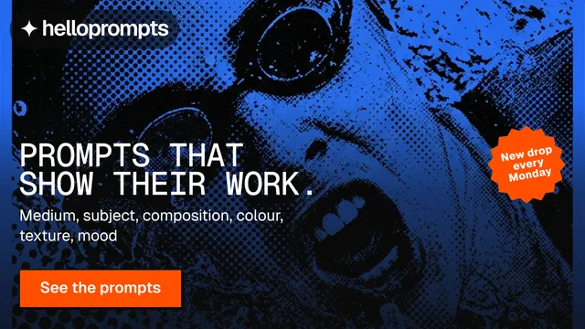 Landscape graphic for HelloPrompts: "Prompts that show their work." Brutalist style, sticker layout, dark palette in blue, black.