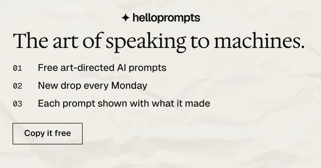 Social ad for HelloPrompts: "The art of speaking to machines." Editorial style, numbered layout, light palette in white, yellow, grey.