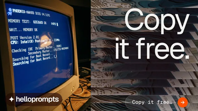 Landscape graphic for HelloPrompts: "Copy it free." Agentic glass style, right layout, dark palette in black, blue, grey.
