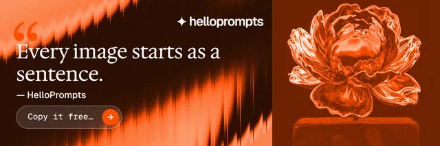 X header for HelloPrompts: "See the prompt. Steal the taste." Agentic glass style, quote layout, dark palette in black, orange.