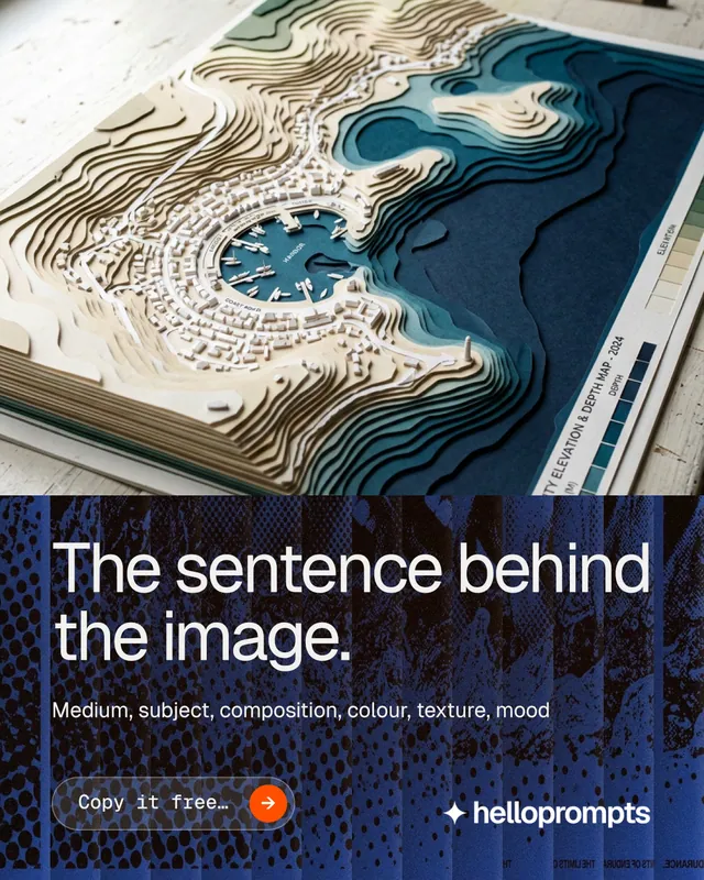 Instagram portrait post for HelloPrompts: "The sentence behind the image." Agentic glass style, bottom layout, dark palette in grey, blue.