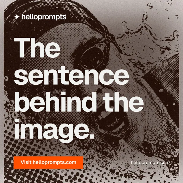 Instagram post for HelloPrompts: "The sentence behind the image." Swiss style, poster layout, dark palette in orange, grey.