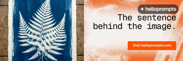 X header for HelloPrompts: "The sentence behind the image." Swiss style, right layout, light palette in orange, grey.