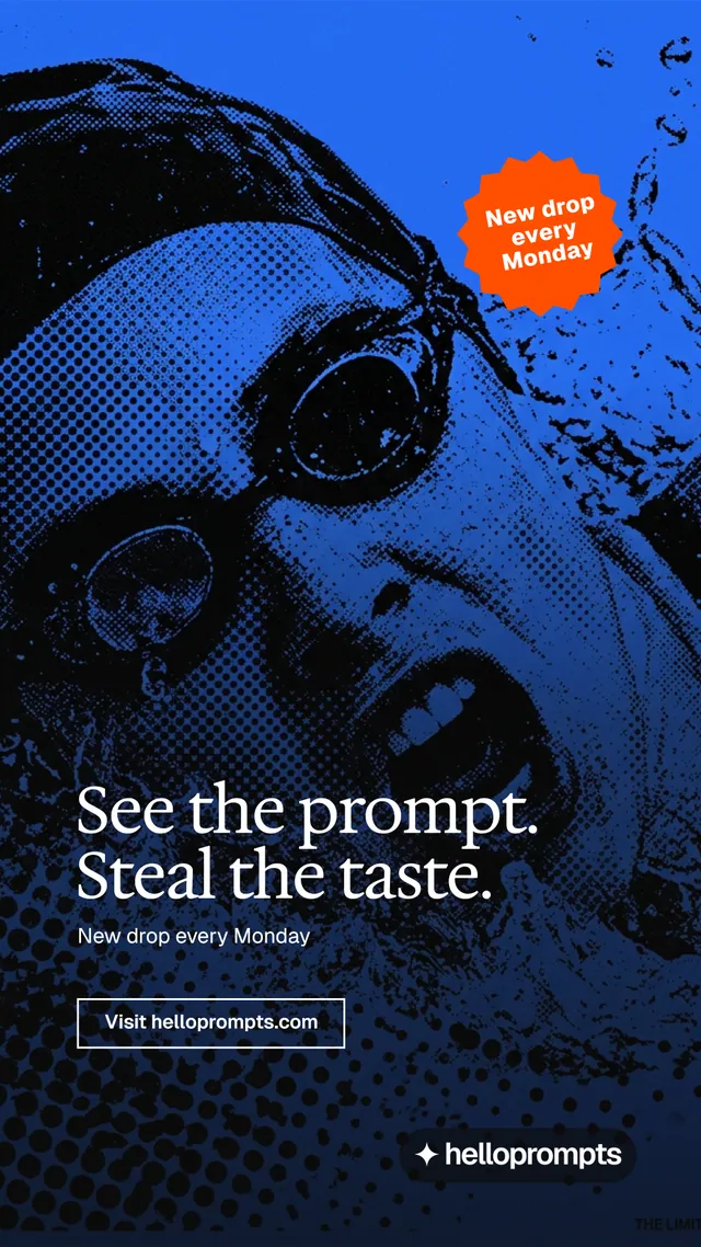 Instagram story for HelloPrompts: "See the prompt. Steal the taste." Editorial style, sticker layout, dark palette in blue, black.