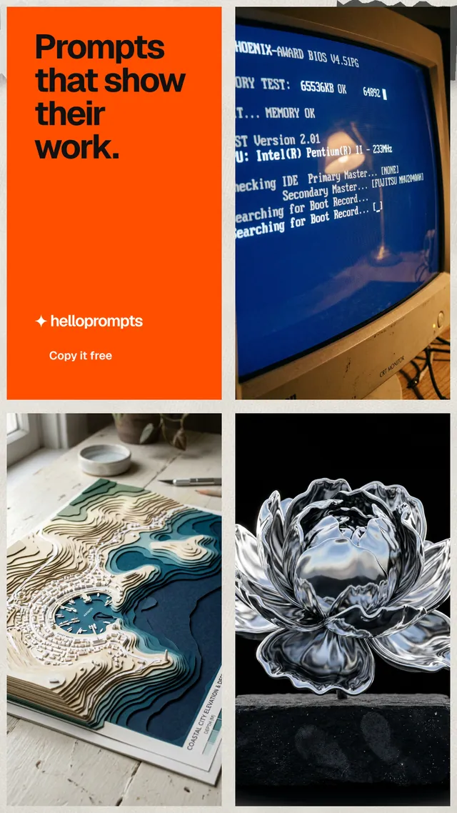 Instagram story for HelloPrompts: "Prompts that show their work." Swiss style, collage layout, dark palette in black, brown, grey.