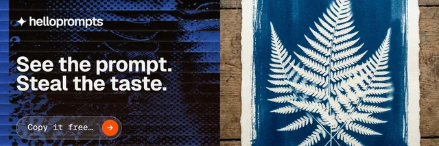 X header for HelloPrompts: "See the prompt. Steal the taste." Agentic glass style, bottom layout, dark palette in black, grey, blue.