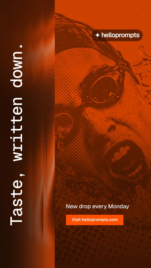 Instagram story for HelloPrompts: "Taste, written down." Swiss style, vertical layout, dark palette in orange.