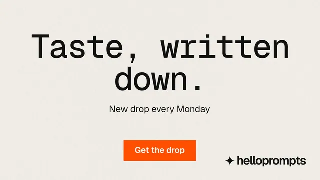 Landscape graphic for HelloPrompts: "Taste, written down." Swiss style, centred layout, light palette in yellow, orange.