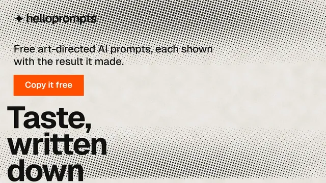 Landscape graphic for HelloPrompts: "See the prompt. Steal the taste." Swiss style, oversized layout, light palette in grey, white.
