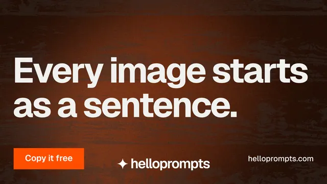 Landscape graphic for HelloPrompts: "Every image starts as a sentence." Swiss style, poster layout, dark palette in orange, black, brown.
