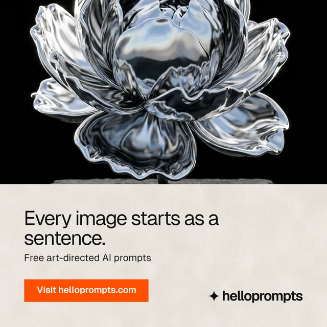 Instagram post for HelloPrompts: "Every image starts as a sentence." Swiss style, bottom layout, light palette in black, orange, grey.