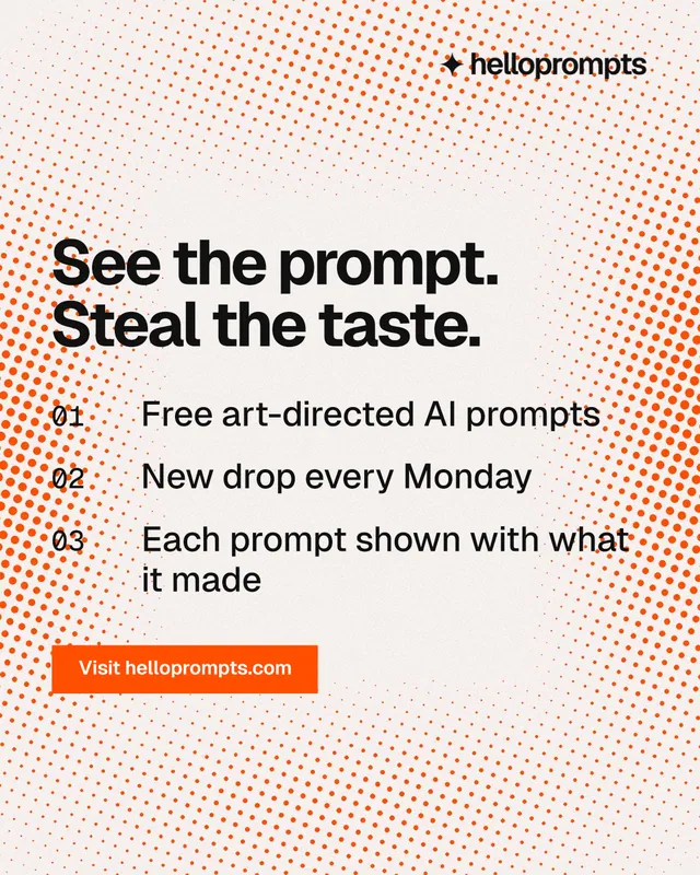 Instagram portrait post for HelloPrompts: "See the prompt. Steal the taste." Swiss style, numbered layout, light palette in orange, white.