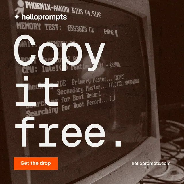 Instagram post for HelloPrompts: "Copy it free." Swiss style, poster layout, dark palette in orange, black, grey.