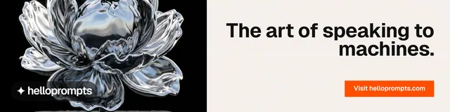 LinkedIn banner for HelloPrompts: "The art of speaking to machines." Swiss style, right layout, light palette in white, grey, black.