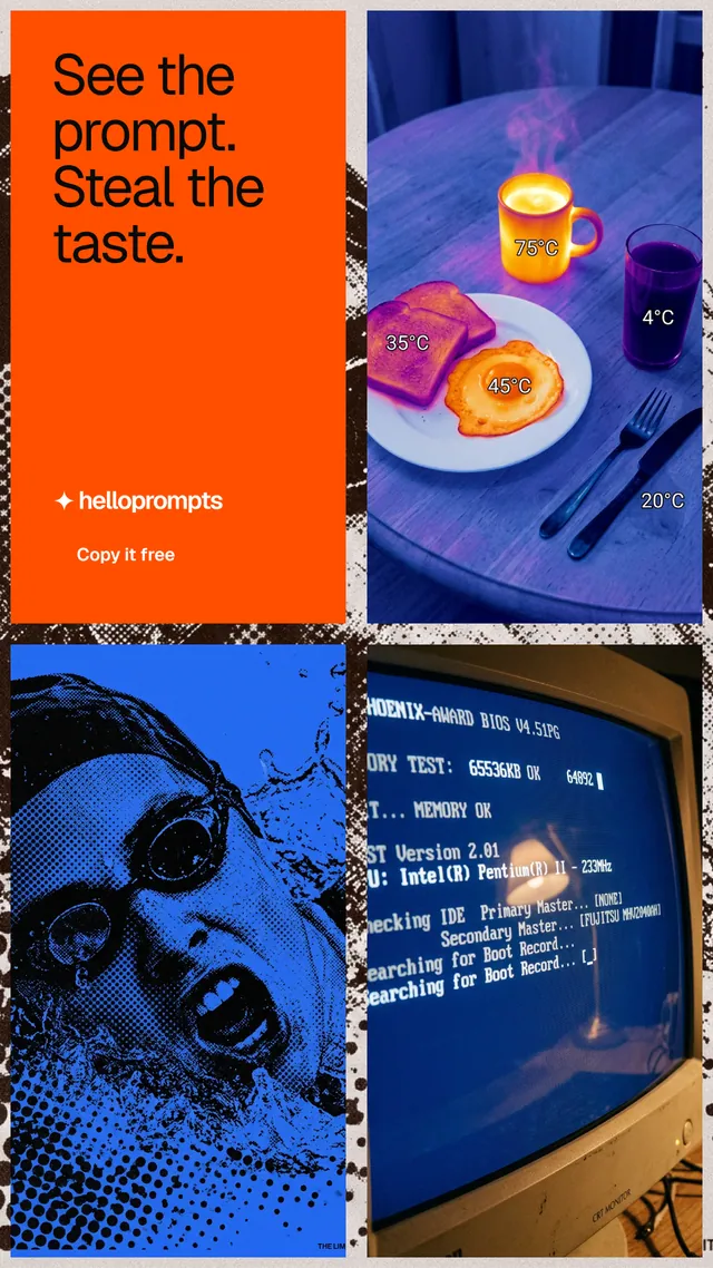Instagram story for HelloPrompts: "See the prompt. Steal the taste." Swiss style, collage layout, dark palette in blue, red, grey.