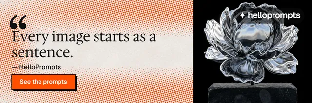 X header for HelloPrompts: "Prompts that show their work." Brutalist style, quote layout, light palette in orange, black.