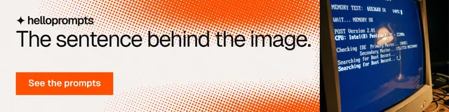 LinkedIn banner for HelloPrompts: "The sentence behind the image." Swiss style, skeleton layout, light palette in white, blue, orange.