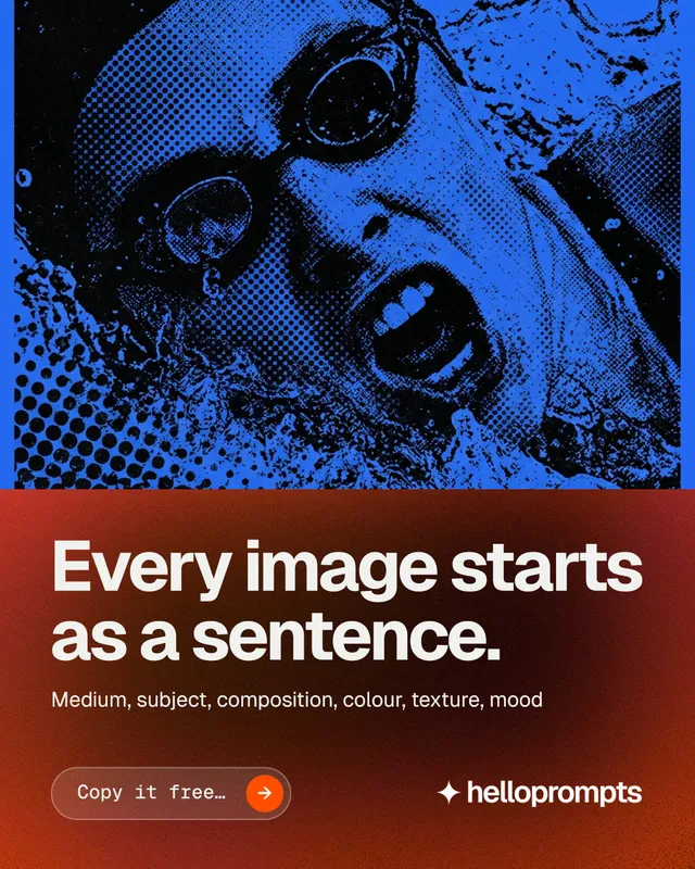 Instagram portrait post for HelloPrompts: "Every image starts as a sentence." Agentic glass style, bottom layout, dark palette in red, black, blue.
