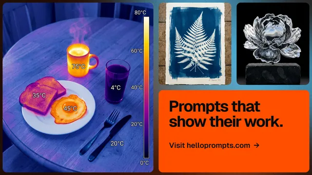 Landscape graphic for HelloPrompts: "Prompts that show their work." Agentic glass style, collage layout, dark palette in blue, red, grey.