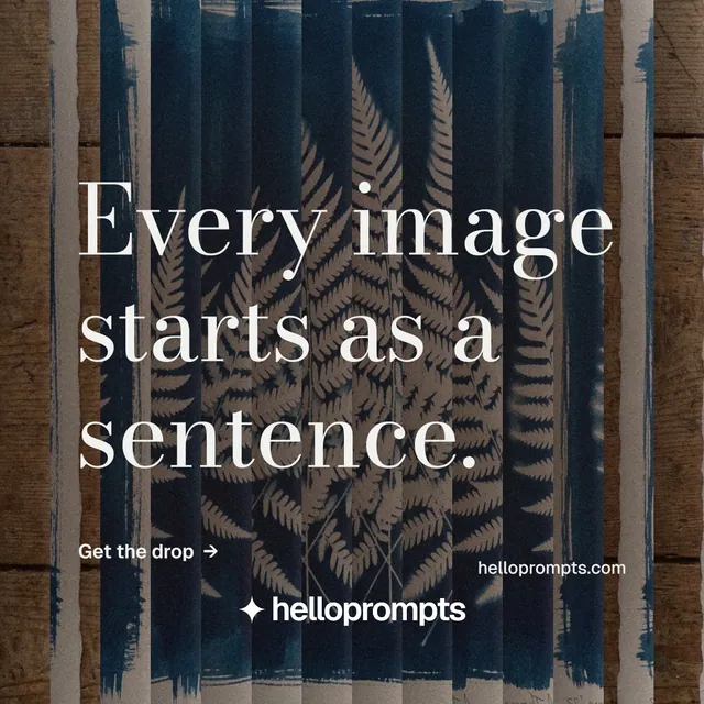Instagram post for HelloPrompts: "Every image starts as a sentence." Minimal luxury style, poster layout, dark palette in black, grey.