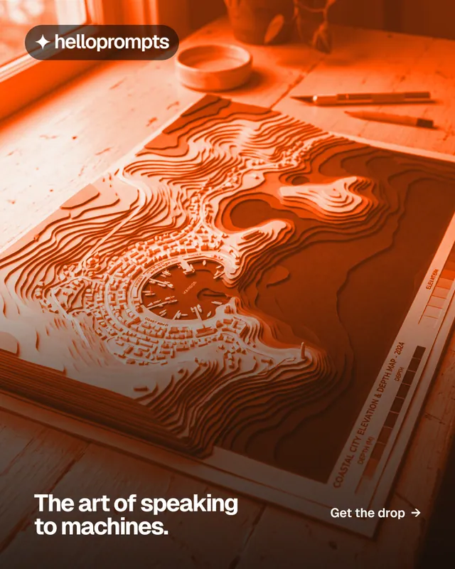 Instagram portrait post for HelloPrompts: "The art of speaking to machines." Swiss style, image led layout, dark palette in orange.