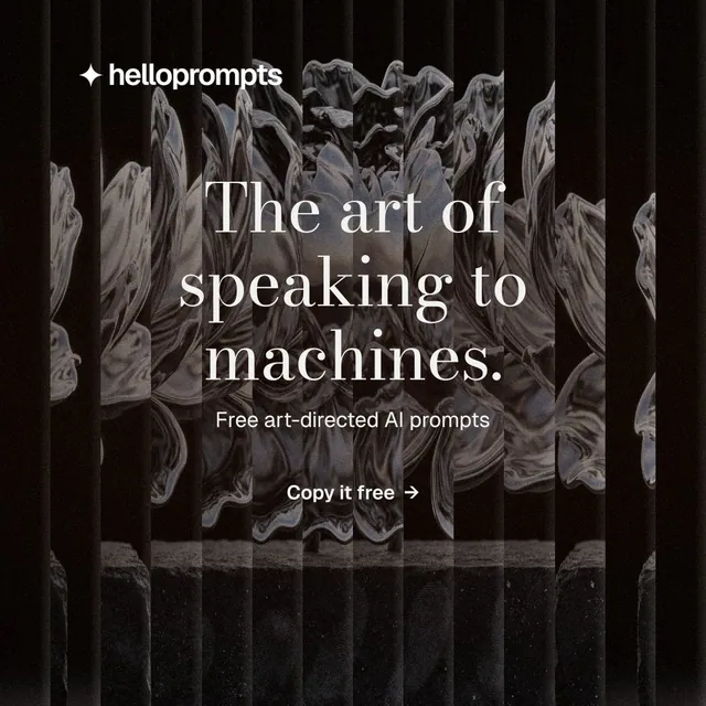 Instagram post for HelloPrompts: "The art of speaking to machines." Minimal luxury style, centred layout, dark palette in black, grey.