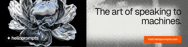 LinkedIn banner for HelloPrompts: "The art of speaking to machines." Split block style, right layout, light palette in grey, black, white.