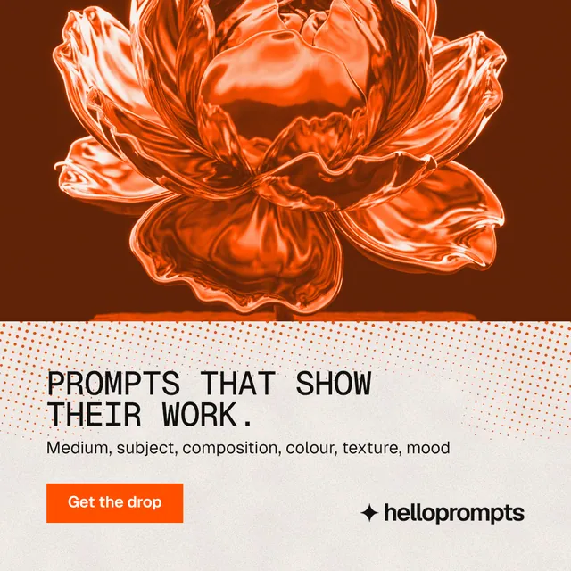 Instagram post for HelloPrompts: "Prompts that show their work." Retro print style, bottom layout, light palette in orange.