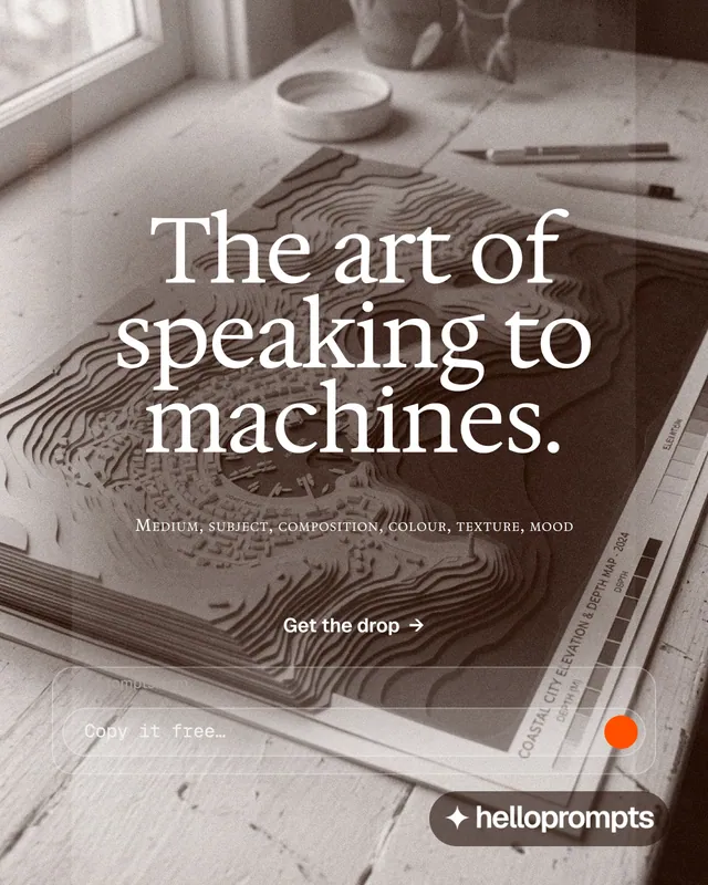 Instagram portrait post for HelloPrompts: "The art of speaking to machines." Swiss style, smallcaps layout, light palette in grey, orange, white.