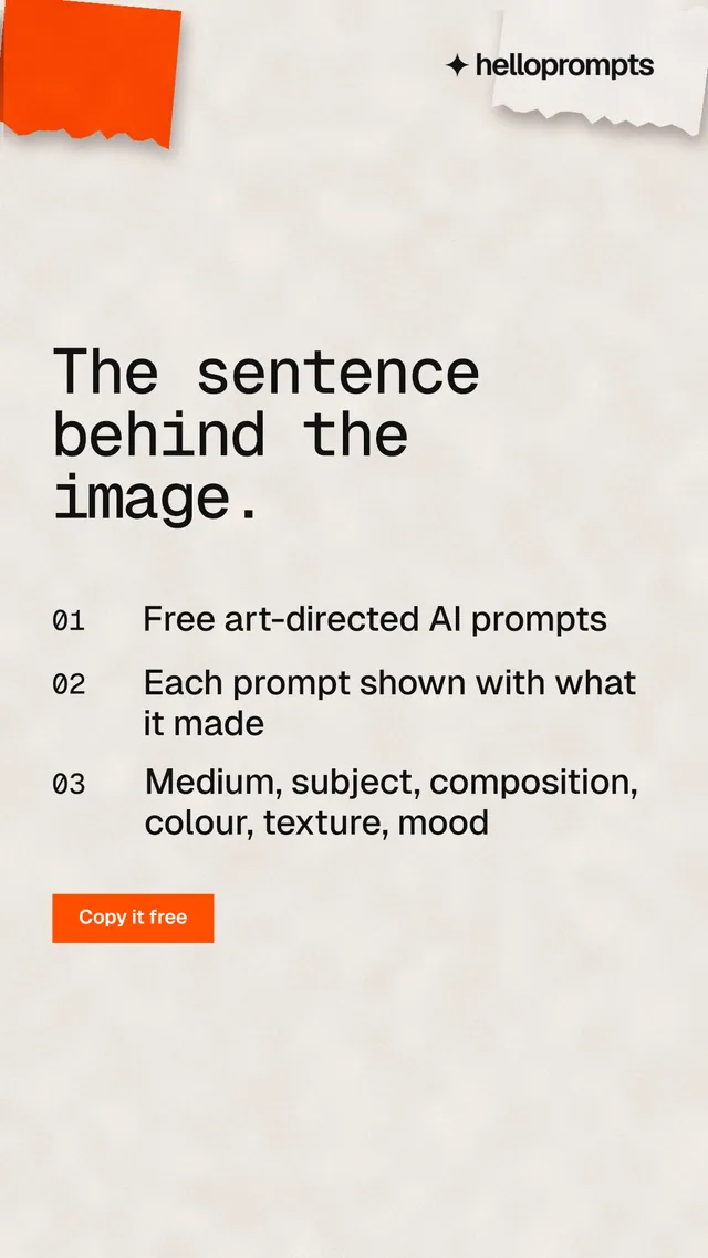 Instagram story for HelloPrompts: "The sentence behind the image." Swiss style, numbered layout, light palette in orange.