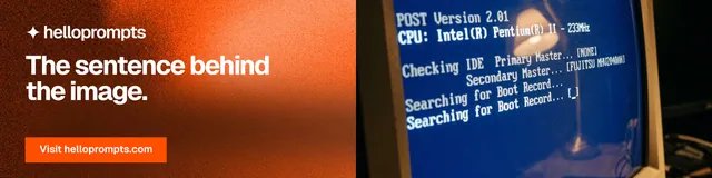 LinkedIn banner for HelloPrompts: "The sentence behind the image." Swiss style, bottom layout, dark palette in blue, orange, red.