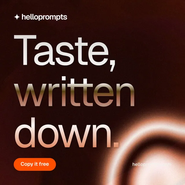 Instagram post for HelloPrompts: "Taste, written down." Y2K style, poster layout, dark palette in black, orange, red.