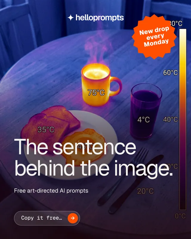 Instagram portrait post for HelloPrompts: "The sentence behind the image." Agentic glass style, sticker layout, dark palette in purple, grey, pink.
