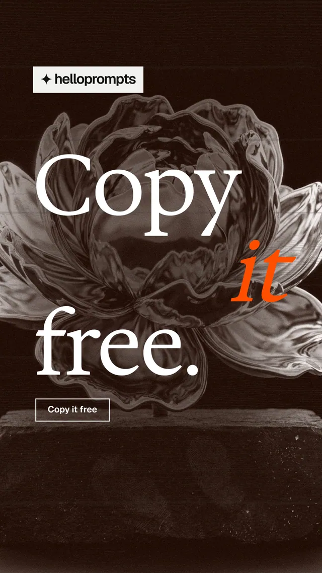 Instagram story for HelloPrompts: "Copy it free." Editorial style, stacked layout, dark palette in black, orange, grey.