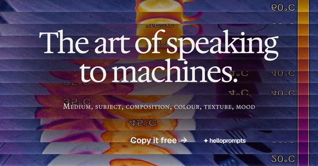 Social ad for HelloPrompts: "The art of speaking to machines." Agentic glass style, smallcaps layout, dark palette in purple, blue, pink.