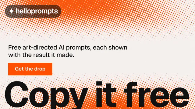 Landscape graphic for HelloPrompts: "Say it like an art director." Swiss style, oversized layout, light palette in brown, orange, white.
