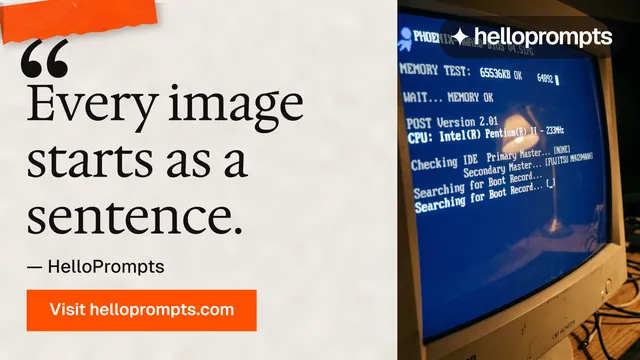 Landscape graphic for HelloPrompts: "The art of speaking to machines." Swiss style, quote layout, light palette in orange, blue, brown.