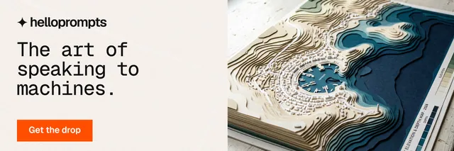 X header for HelloPrompts: "The art of speaking to machines." Swiss style, bottom layout, light palette in white, grey, orange.