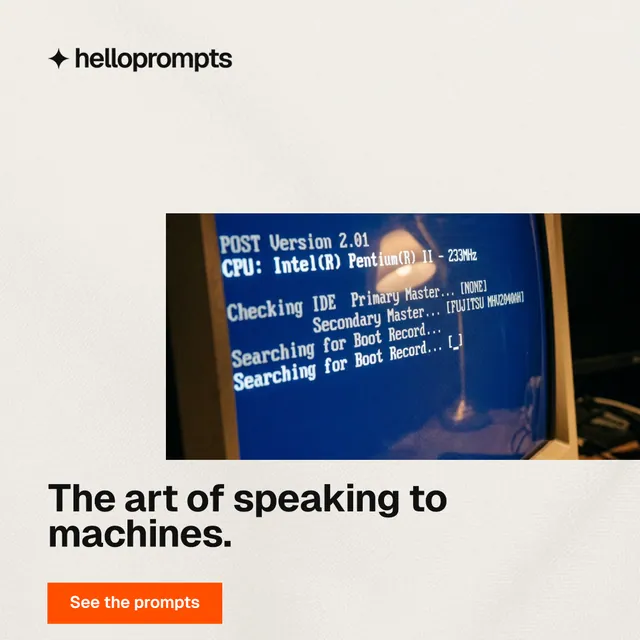 Instagram post for HelloPrompts: "The art of speaking to machines." Swiss style, skeleton layout, light palette in yellow, white, blue.