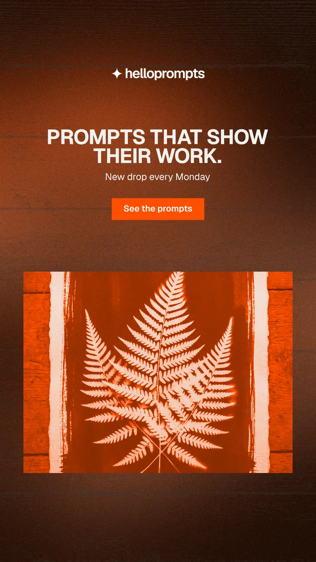 Instagram story for HelloPrompts: "Prompts that show their work." Swiss style, centred layout, dark palette in black, orange.