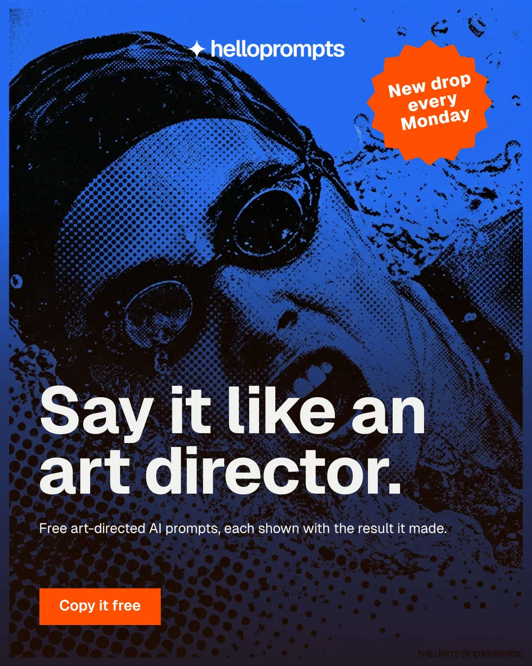 Instagram portrait post for HelloPrompts: "Say it like an art director." Swiss style, sticker layout, dark palette in purple, black, blue.