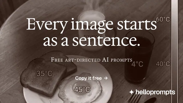 Landscape graphic for HelloPrompts: "Every image starts as a sentence." Editorial style, smallcaps layout, dark palette in grey, orange.