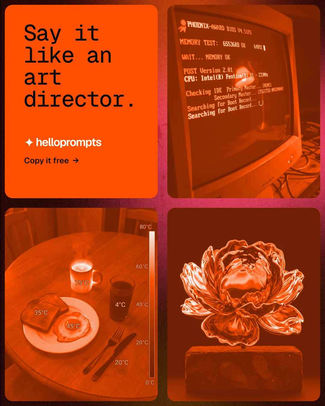 Instagram portrait post for HelloPrompts: "Say it like an art director." Agentic glass style, collage layout, dark palette in orange.
