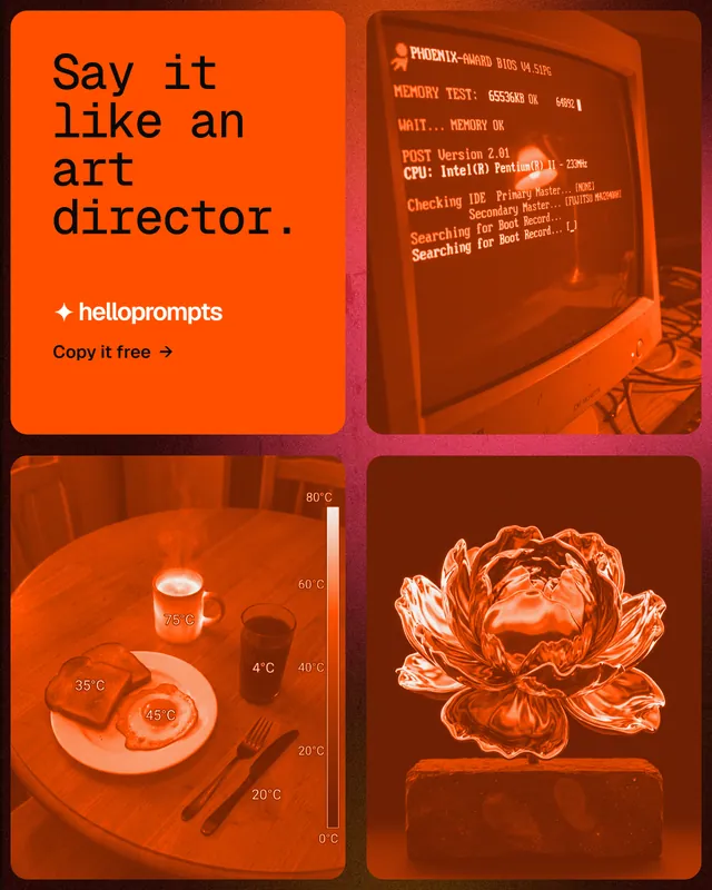 Instagram portrait post for HelloPrompts: "Say it like an art director." Agentic glass style, collage layout, dark palette in orange.