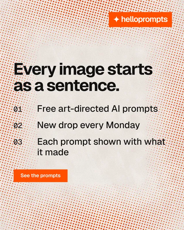 Instagram portrait post for HelloPrompts: "Every image starts as a sentence." Swiss style, numbered layout, light palette in orange.