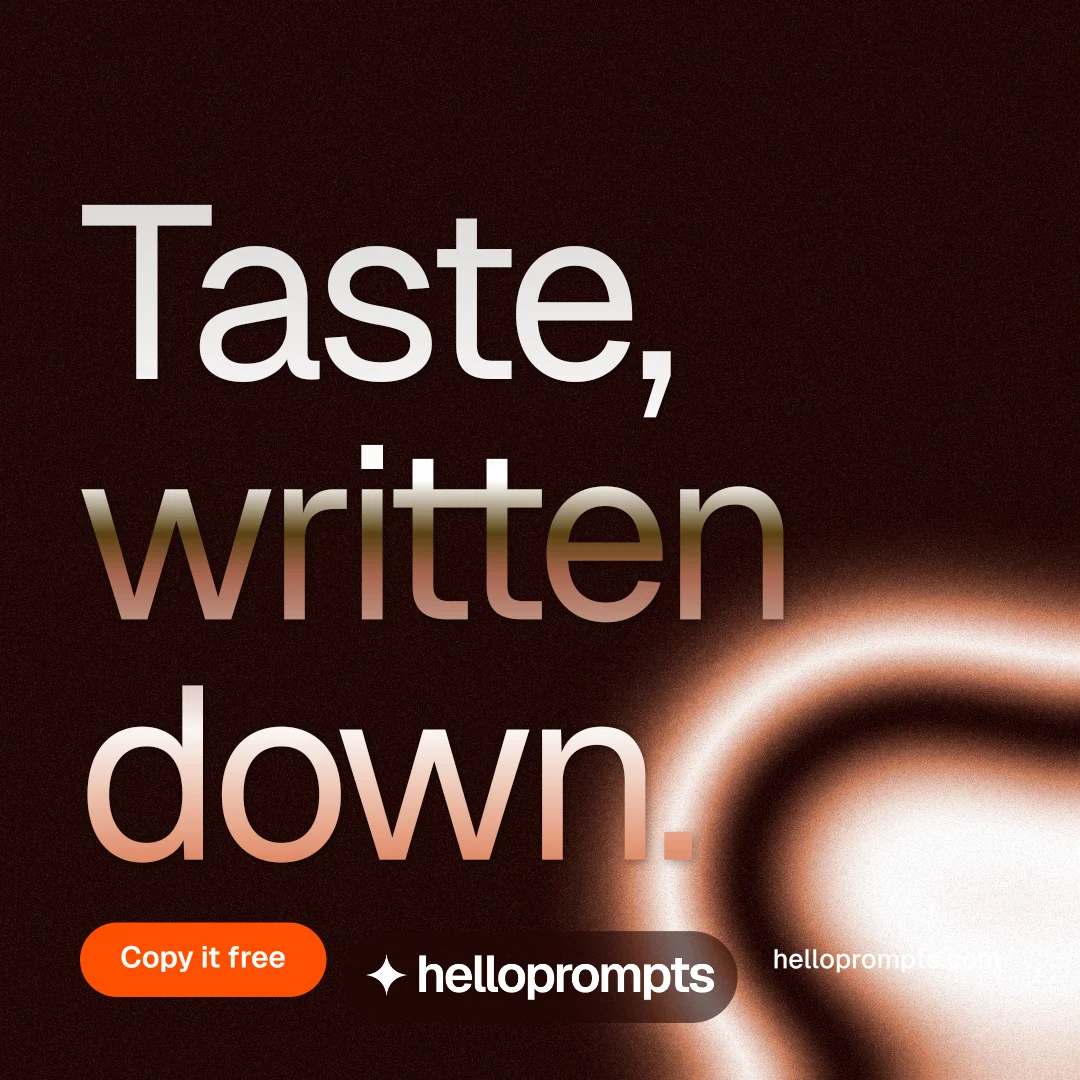 Instagram post for HelloPrompts: "Taste, written down." Y2K style, poster layout, dark palette in black, orange.