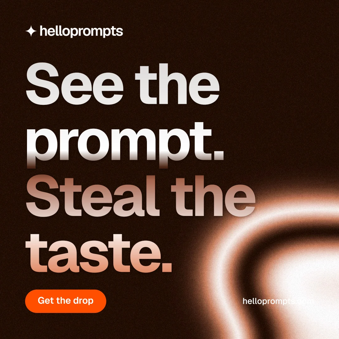 Instagram post for HelloPrompts: "See the prompt. Steal the taste." Y2K style, poster layout, dark palette in black, orange, brown.